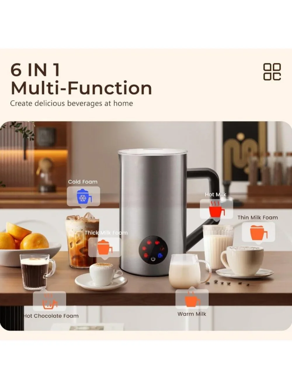 6-in-1 Electric Milk Frother & Steamer - 20oz Hot & Cold Foam Maker for Lattes